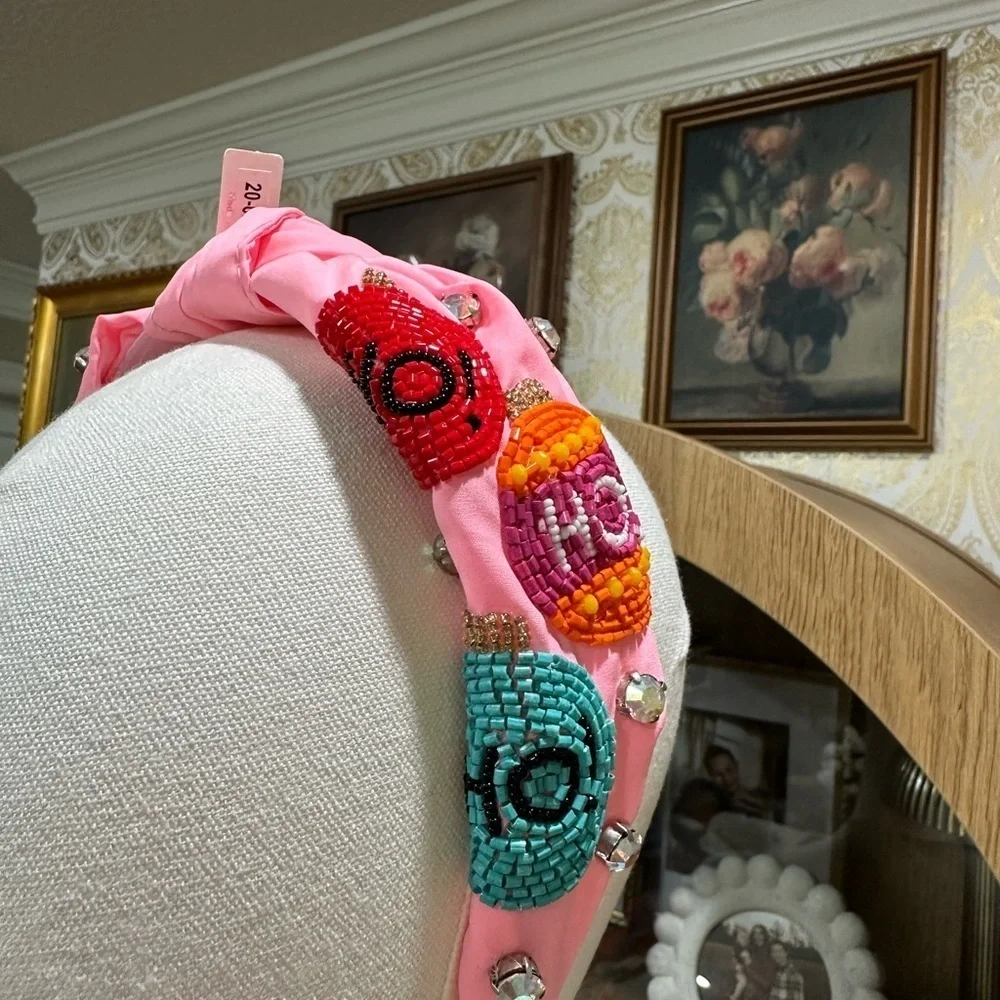 Pink Beaded Headband with Festive Holiday Ornaments